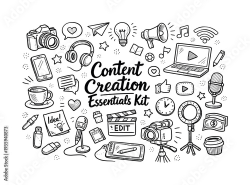 Content creation essentials kit, hand drawn doodle elements set, center hand-lettered title, black & white vector line art, bold