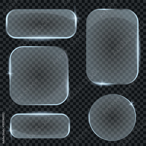 Set of blue glass shapes and neon light glass frames, futuristic glassmorphism design for web buttons, app icons, digital interfaces, and UI technology design with glossy borders