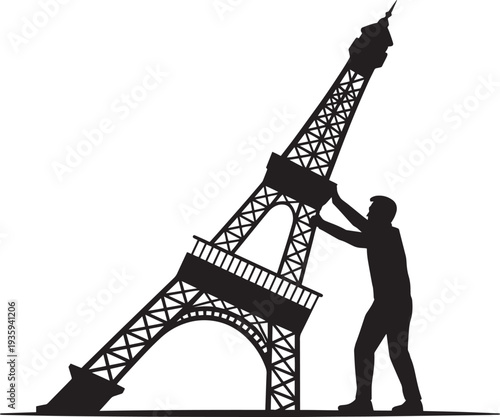 Man tilting Eiffel Tower Paris France Iconic landmark engineering challenge