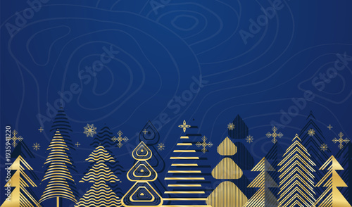 Golden Christmas tree forest on dark blue background, luxury geometric winter holiday greeting card design, elegant abstract Noel poster vector illustration