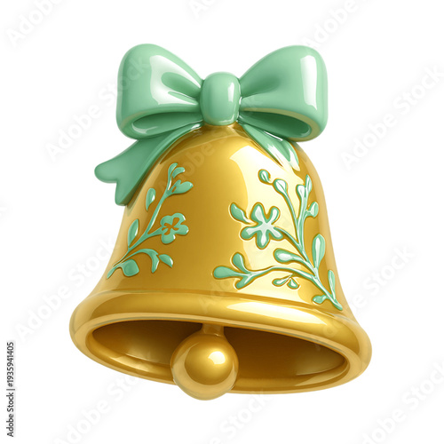 Elegant 3D golden Christmas bell with a glossy light green bow and delicate floral patterns, perfect for festive designs, isolated on transparent background.