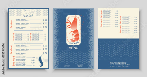 Seafood restaurant menu template with shrimp illustration, nautical wave patterns, and minimalist layout. Vector ocean sea fish restaurant card background front and back sheet design