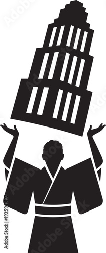 Person wearing traditional kimono lifting large stepped building in ceremonial pose design