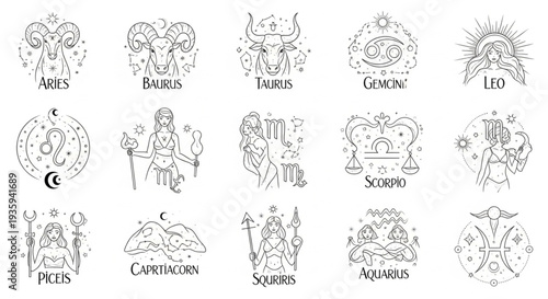 Collection of Zodiac Constellation Symbols and Astrology Icons.