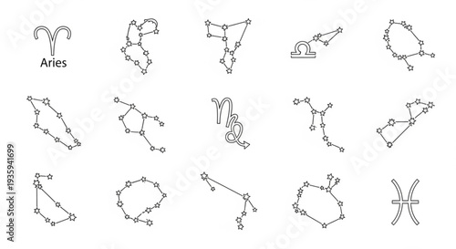 Collection of Zodiac Constellation Symbols and Aries Sign.