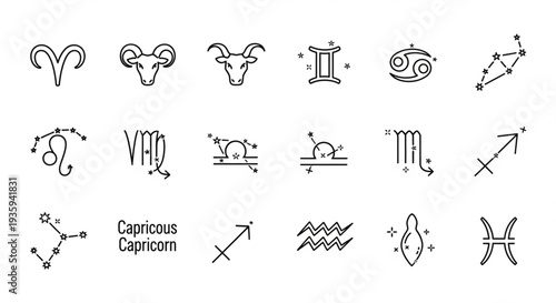 Collection of Zodiac Constellation Symbols and Astrology Icons.