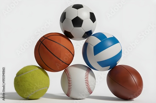 Collection of Sports Equipment - Realistic 3D Render of Football, Basketball, Volleyball, Tennis, Baseball, and American Football on White Background