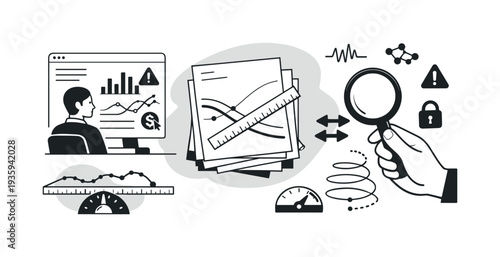 Modern minimal flat vector conceptual collage, crisp hard edges, consistent THIN outline stroke, rounded corners where needed,