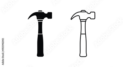 Set of 2 Claw Hammer Icons Vector: Solid Black and Outline Style for Construction, Repair, and DIY Projects on White Background