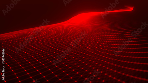 An abstract digital wave of particles. Dark background. Red glowing dots align in undulating arcs, creating an abstract flow of energy. Vector.