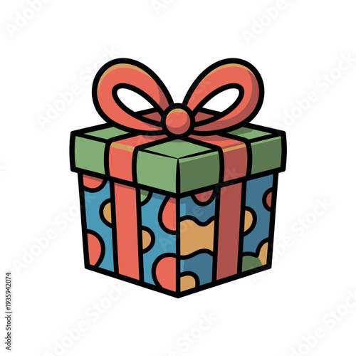 Colorful gift box with a large red bow sits ready for a special celebration.