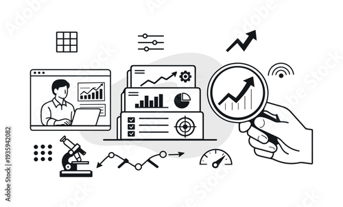 Modern minimal flat vector conceptual collage, crisp hard edges, consistent THIN outline stroke, rounded corners where needed,