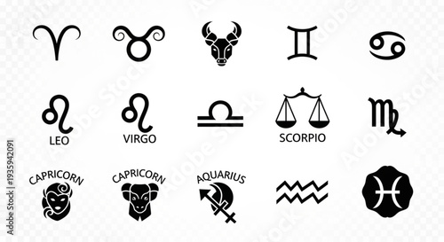 Collection of Zodiac Constellation Symbols and Astrology Icons.