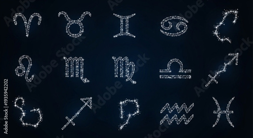 Collection of Zodiac Constellation Symbols and Astrology Signs.