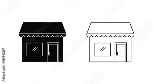 Minimalist Black and White Shop Storefront Vector Icon Set for E-commerce, Retail, and Business Websites, Featuring Solid and Outline Styles