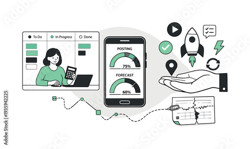 Accounting Forecast Collage. Modern minimal flat vector conceptual collage, crisp hard edges, consistent THIN outline stroke,