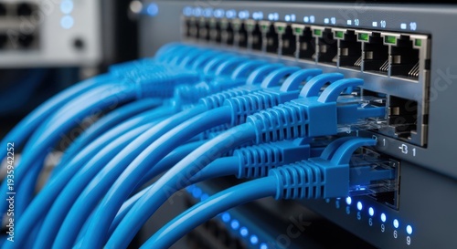 Closeup of bright blue ethernet network cables plugged into a server rack switch with active indicator lights