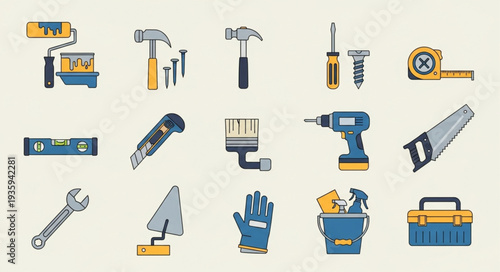 Collection of various construction and DIY tools arranged on a light background.
