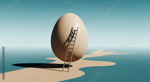 Giant egg with ladder on sandy island in ocean on transparent background