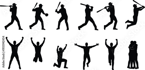 Baseball player silhouettes set, batter hitting swinging celebrating athletes sports action vector isolated illustration collection