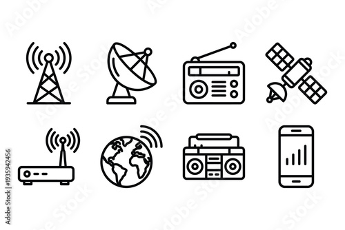 Communication and Technology Icons: Radio, Satellite, Globe, and Smartphone