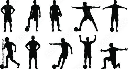Soccer player silhouettes set, football athletes dribbling kicking celebrating poses sports action vector isolated illustration collection