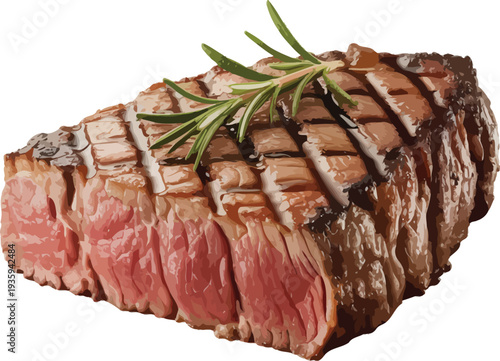 Grilled Beef Steak, High Quality Food Photography with Charred Sear, Rosemary Garnish and White Background