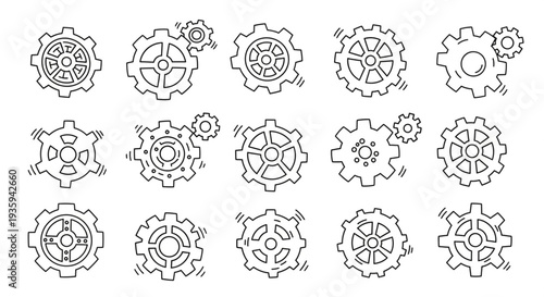 Collection of Various Gear Icons Outlined.