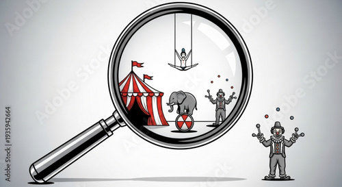 Magnifying glass reveals whimsical circus scene with elephant tent and performers on transparent background