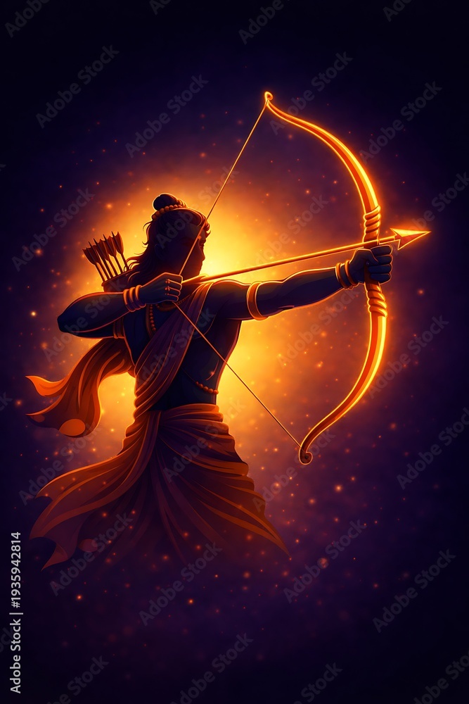 Fototapeta premium Dramatic Divine Illustration of Lord Rama Archer with Glowing Bow and Arrow for Ram Navami Festival