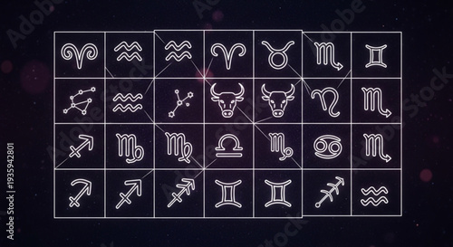 Collection of Zodiac Astrology Symbols Arranged in Grid.