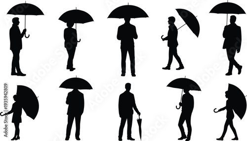 People with umbrella silhouettes set, men and women walking standing rainy weather vector isolated bundle