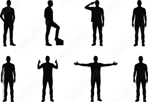 Man standing silhouettes set, male body poses gestures collection people vector isolated bundle