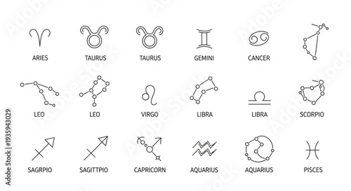 Collection of Zodiac Constellation and Symbol Icons.
