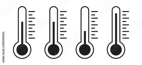 Thermometer vector art, four black and white icons, varying temperatures, weather symbols, digital design, minimalistic set