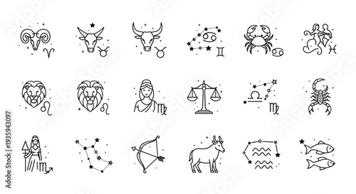 Collection of Zodiac Constellation and Symbol Icons.