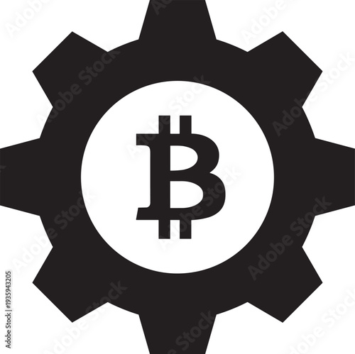 Black gear cogwheel with Bitcoin symbol inside, illustrating cryptocurrency mining process, blockchain finance mechanism, digital currency operations, bitcoin network system and crypto i