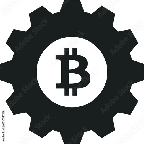 Black gear cogwheel with Bitcoin symbol inside, representing cryptocurrency mining, blockchain technology, crypto finance mechanism, digital currency system, bitcoin investment and 