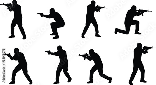 Armed shooter silhouettes set, tactical gun combat poses with rifle and pistol action vector isolated bundle