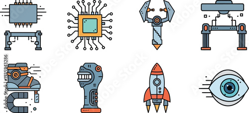 Sci-Fi Technology Robot AI Game Icons Set Microchip Rocket Cyborg Surveillance Eye