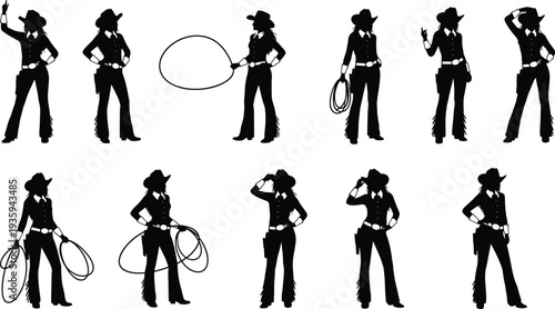 Cowgirl silhouettes set, western female cowboy with hat and lasso rodeo poses vector isolated collection bundle