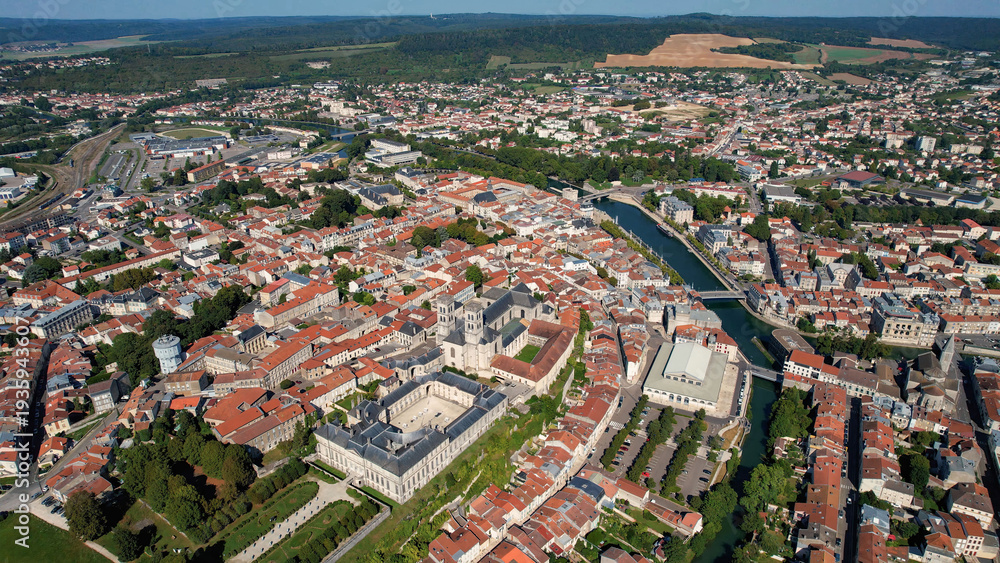 Fototapeta premium Aerial panoramic view above the old town around the city Verdun in France on a sunny summer day. 