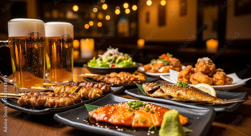 Fototapeta premium Japanese dinner scene beers, various dishes, skewers, fried chicken, & salmon on dark plates