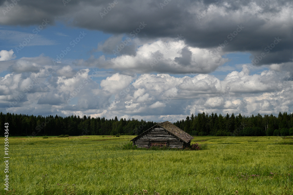 Fototapeta premium Landscape with a cabin in Lapland, Finland. Typical Finnish landscape with a wood cabin in forest
