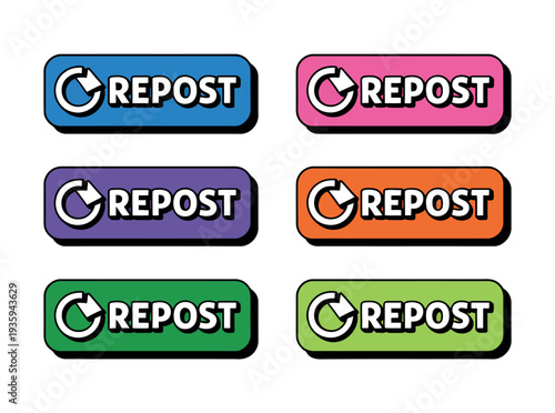 A collection of colorful repost buttons on a white background