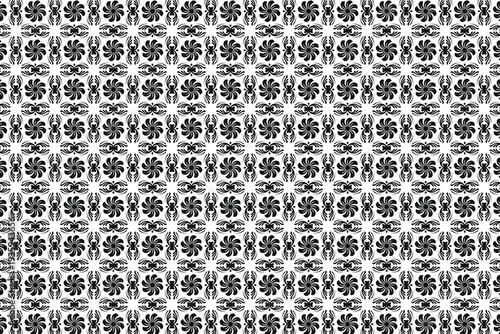 Black and white tessellated geometric pattern repeating small, intricate floral or pinwheel motifs vector design