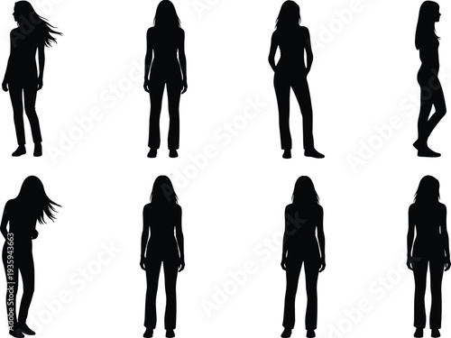 Standing woman silhouettes set, female body poses collection fashion model figure vector isolated bundle