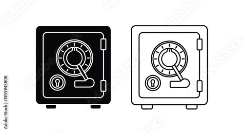 Black and white safe box icon set vector illustration for security, finance, and banking concepts, featuring a strongbox with a combination lock and handle, ideal for web and app design.