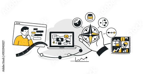 Modern minimal flat vector conceptual collage, crisp hard edges, consistent THIN outline stroke, rounded corners where needed,