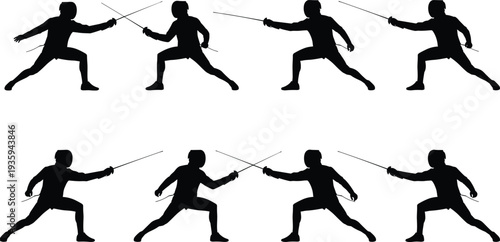 Fencing athlete silhouettes set, sword fighting sport action poses collection duelist training vector isolated bundle